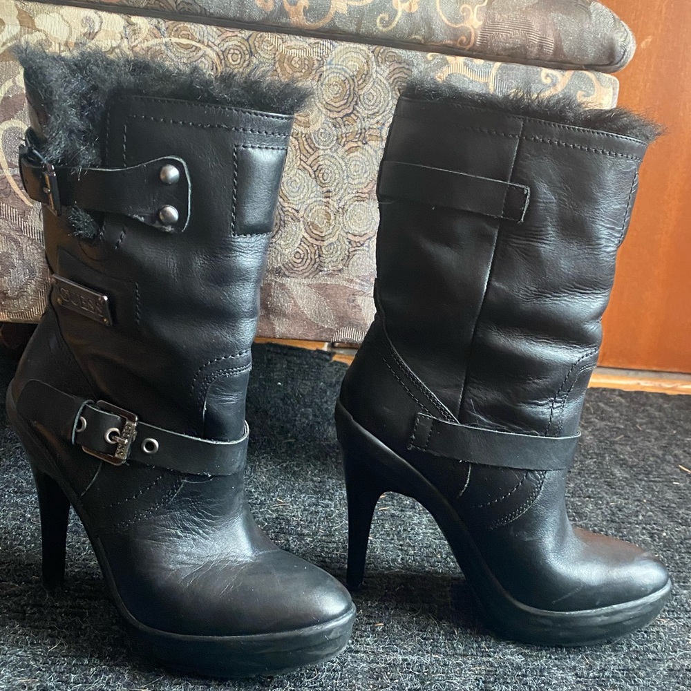 GUESS leather & fur platform boots